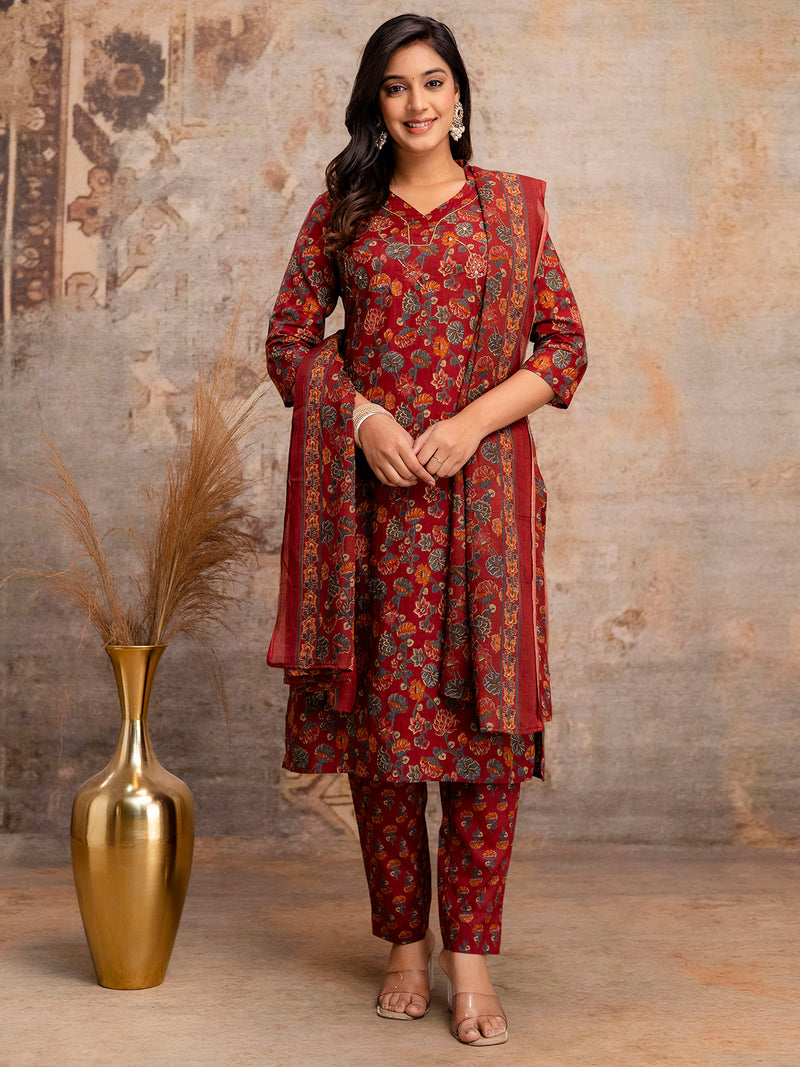 Pure Cotton Red Floral Printed 3-Piece Kurta Set with Dupatta