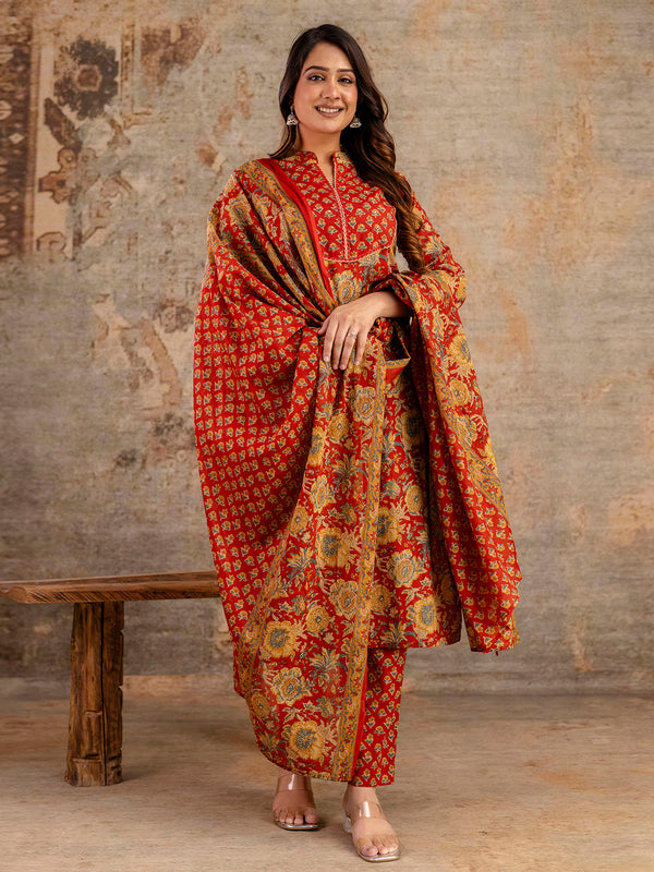 Pure Cotton Red Printed 3-Piece Kurta Set with Dupatta