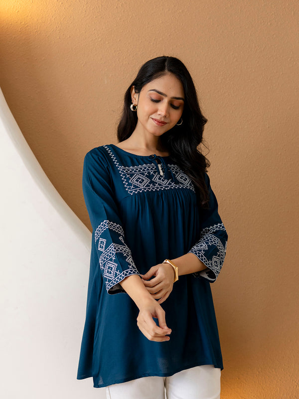 Solid Hip Length Embrioded 3/4 Sleeves Kurti