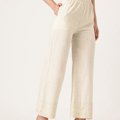 Beige Beige Palazzo|Embroidered, Flax Cotton, Sequin Detail, Ankle-Length, Single Pocket