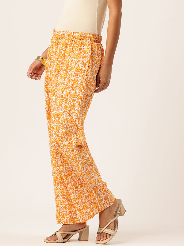 Yellow Women Pure Cotton Paisley Printed Palazzo Pants | Elastic Waist | Wide Leg