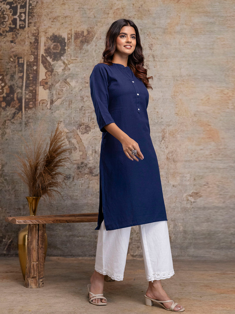 Women’s Solid Long Kurti with Mandarin Collar, 3/4 Sleeves & Pocket | Plain Elegant Cotton Kurta for Daily & Office Wear
