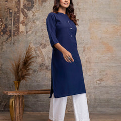 Women’s Solid Long Kurti with Mandarin Collar, 3/4 Sleeves & Pocket | Plain Elegant Cotton Kurta for Daily & Office Wear