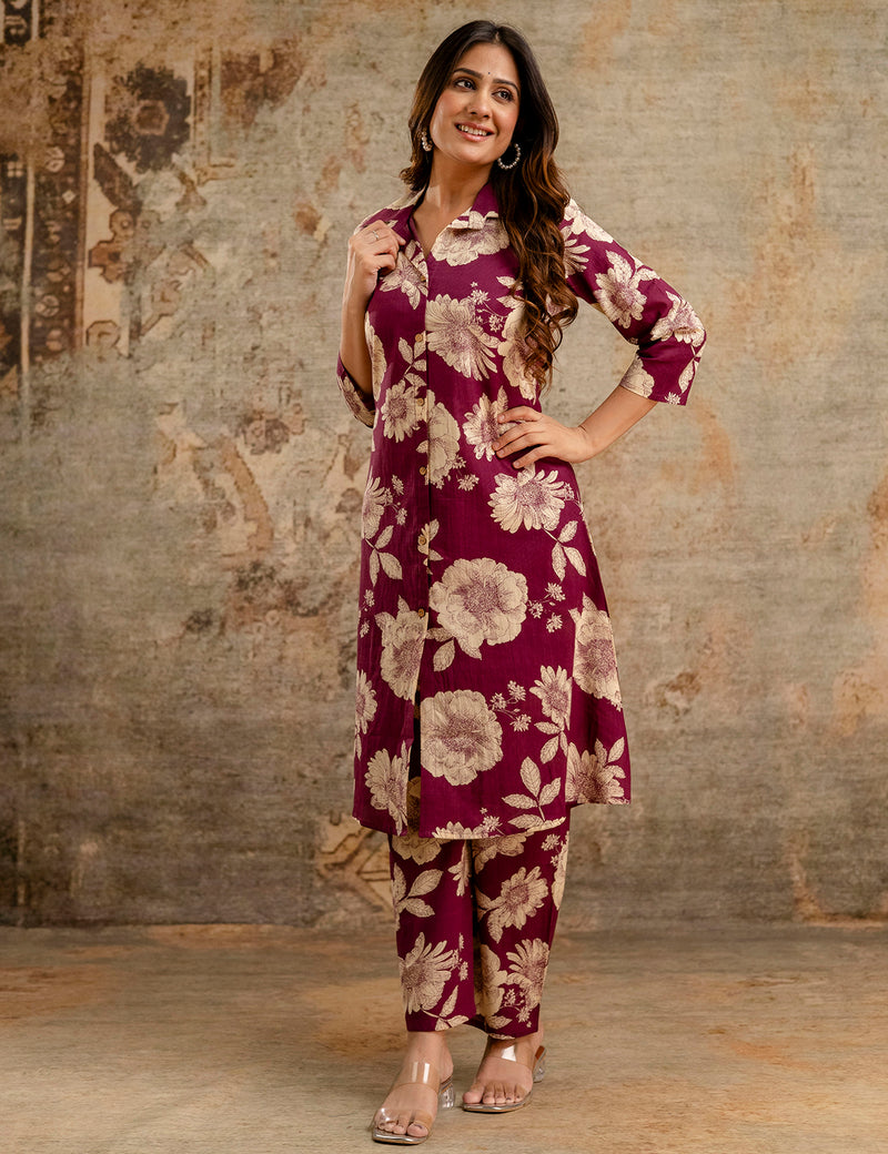 Purple Women’s Co-Ord Set–Printed Collared Kurta with 3/4 Sleeves & Elastic Waist Pants