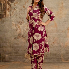 Purple Women’s Co-Ord Set–Printed Collared Kurta with 3/4 Sleeves & Elastic Waist Pants