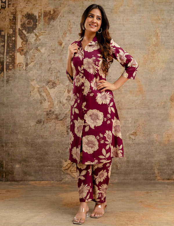 Purple Women’s Co-Ord Set–Printed Collared Kurta with 3/4 Sleeves & Elastic Waist Pants