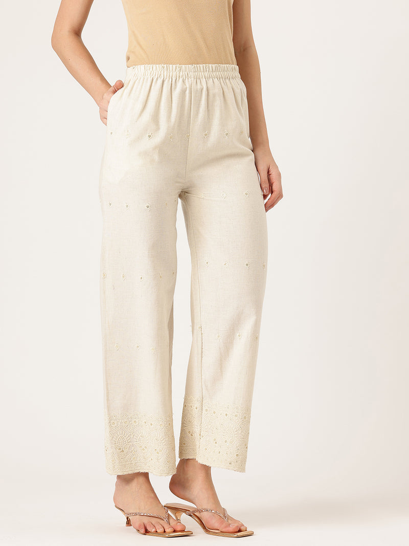 Beige Beige Palazzo|Embroidered, Flax Cotton, Sequin Detail, Ankle-Length, Single Pocket