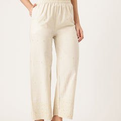 Beige Beige Palazzo|Embroidered, Flax Cotton, Sequin Detail, Ankle-Length, Single Pocket