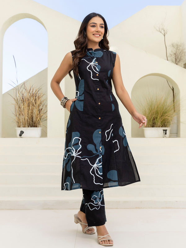 Luxury Mandarin Collar Printed Co-Ord Set with Button Detail A-Line Kurta & Comfort Fit Pants