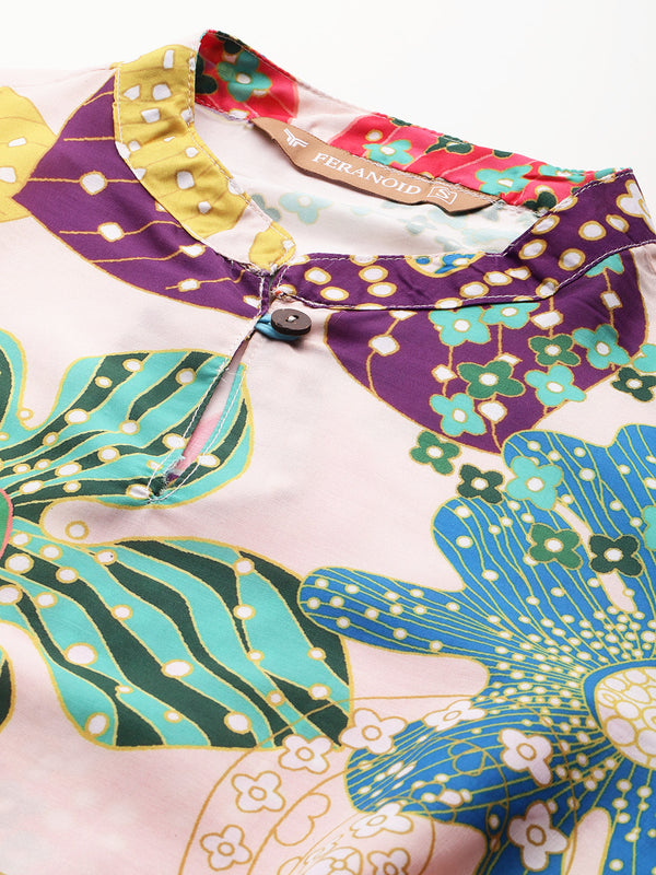 Women’s Multi-Color Muslin Floral Dress with Mandarin Collar & 3/4 Smocked Sleeves