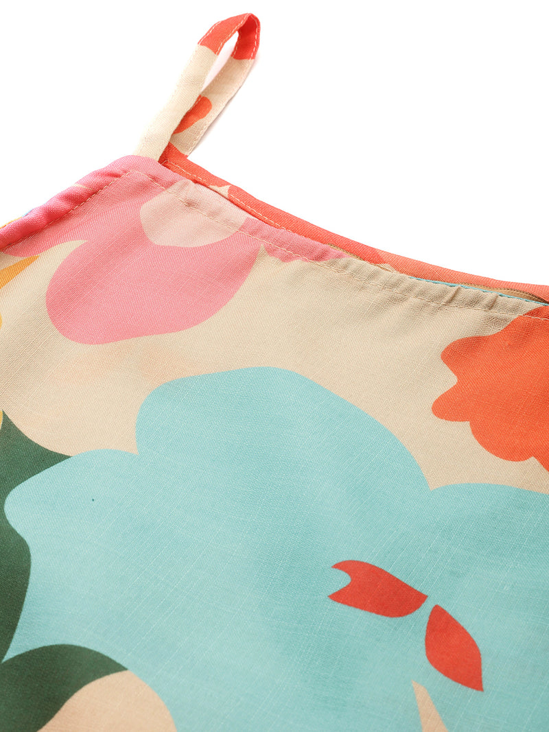 Cropped Sleeveless strap Peplum top with digital print on linen fabric.| Size- Small| Colour - Cream, Red, Blue