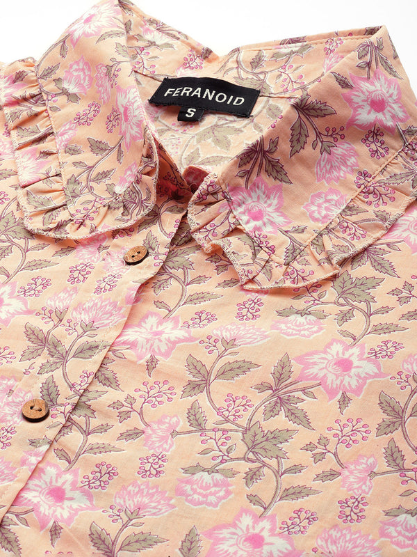 Pink Elegant Collared Co-Ord Set with Frill Detail & Elasticated Pants