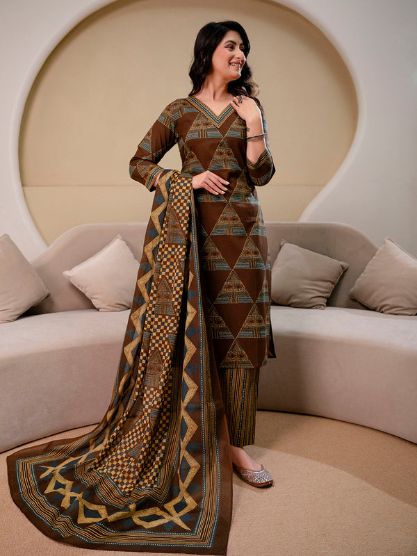 Bordered V-Neck 3-Piece Kurta Set with Ankle-Length Pants & Full-Length Dupatta (M–XXL)