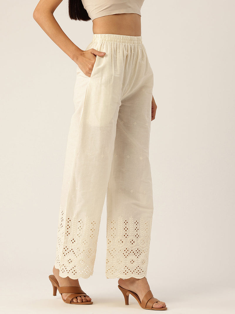 Beige Palazzos | Embroidered Elegnace With Elastic Waist & Single Pocket
