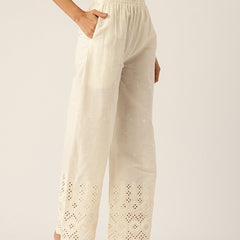 Beige Palazzos | Embroidered Elegnace With Elastic Waist & Single Pocket