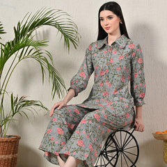 Grey Elegant Collared Co-Ord Set with Frill Detail & Elasticated Pants