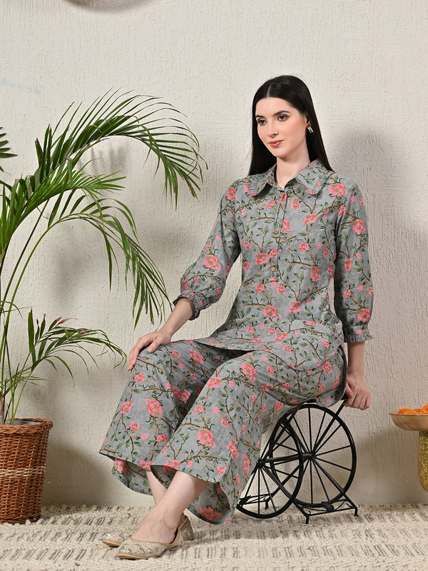 Grey Elegant Collared Co-Ord Set with Frill Detail & Elasticated Pants