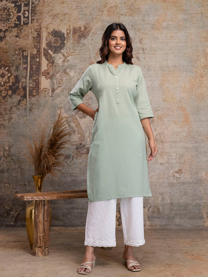 Women’s Solid Long Kurti with Mandarin Collar, 3/4 Sleeves & Pocket | Plain Elegant Cotton Kurta for Daily & Office Wear
