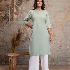 Women’s Solid Long Kurti with Mandarin Collar, 3/4 Sleeves & Pocket | Plain Elegant Cotton Kurta for Daily & Office Wear