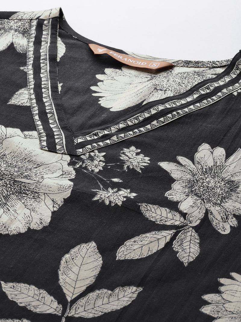 Bodered V-Neck 3-Piece Kurta Set with Ankle-Length Pants & Full-Length Dupatta (Size S-XXL).