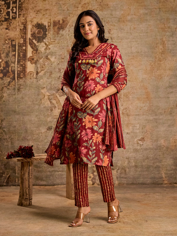 Pure Cotton Red Bordered V-Neck 3-Piece Kurta Set with Printed Dupatta