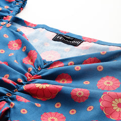 Cropped v-neck peplum puff sleeved top with digital print on linen fabric.