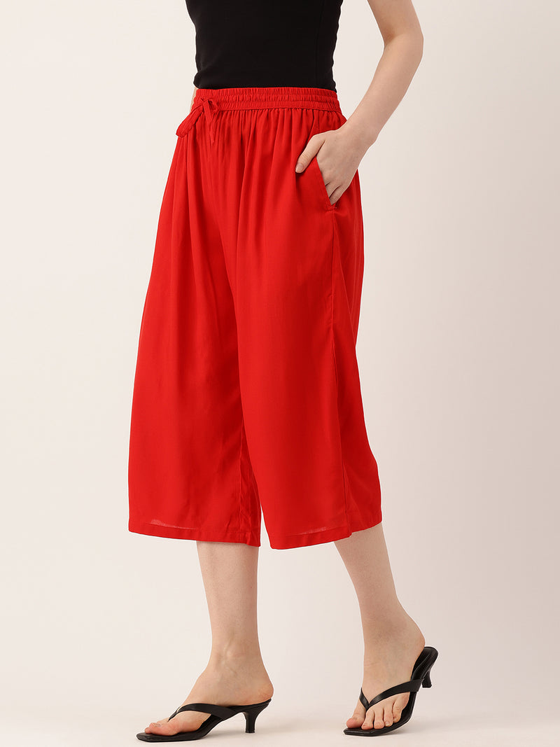 Women's Culottes | Calf-Length Pants with Double Pockets & Elastic Waistband