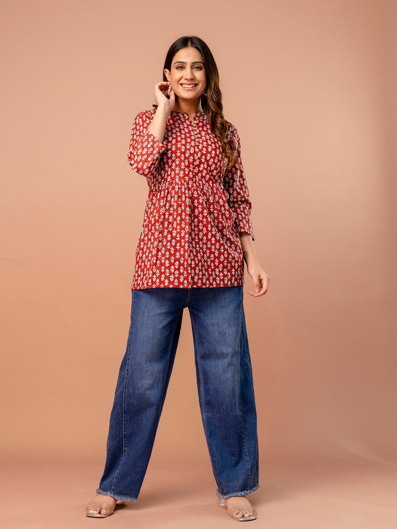 Top – Mandarin Collar, 3/4 Sleeves, Flattering Fit (Sizes S–XXL)