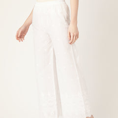 White White Embroidered Cotton Palazzos–Elastic Waist & Ankle-Length with Side Pocket