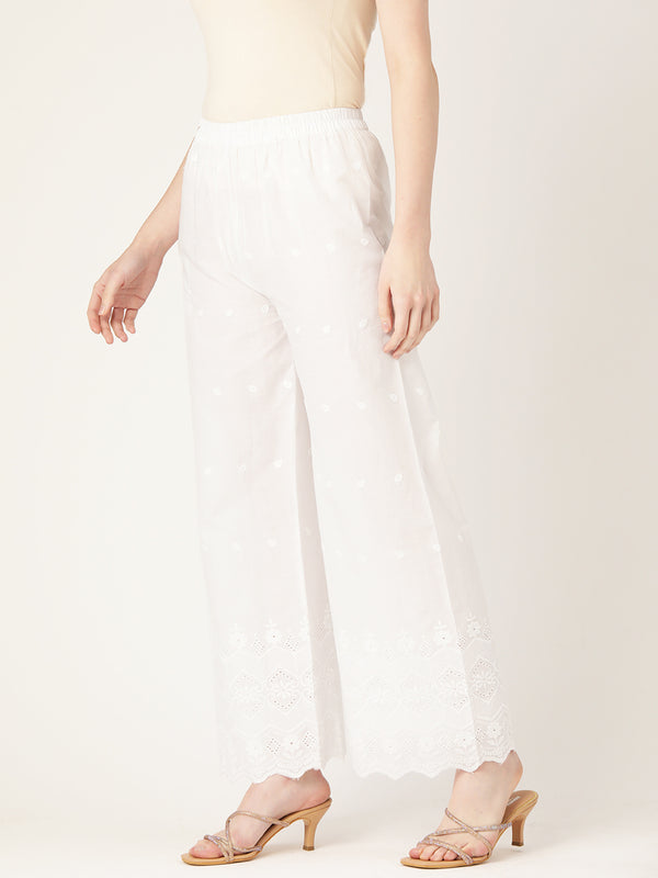 White White Embroidered Cotton Palazzos–Elastic Waist & Ankle-Length with Side Pocket