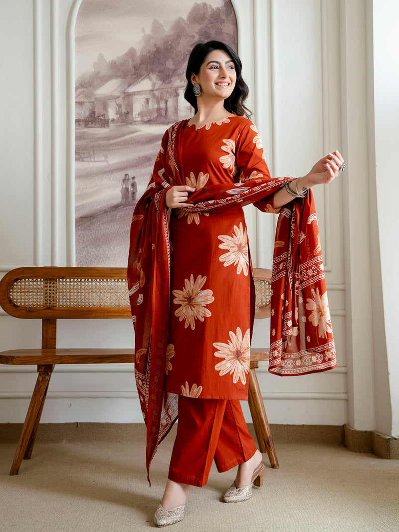 Printed Cotton Kurta Set with Ankle-Length Pants and Graceful Dupatta