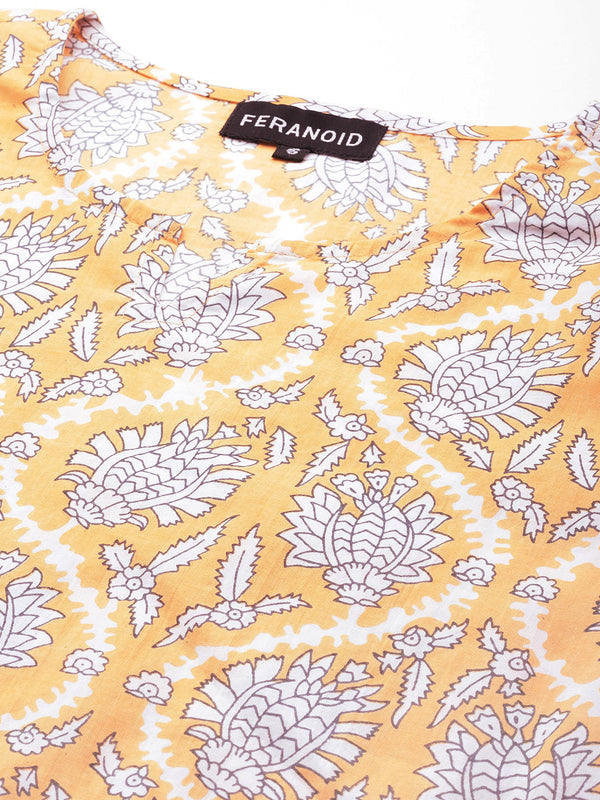 Yellow Printed Cotton Night Suit with V-Neck Kurti & Ankle-Length Pants