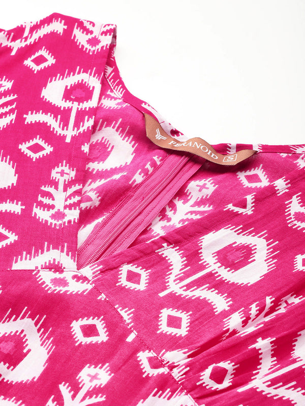 Women's Pure Cotton Floral Printed A-Line Gown with 3/4 Puff Sleeves & V-Neck