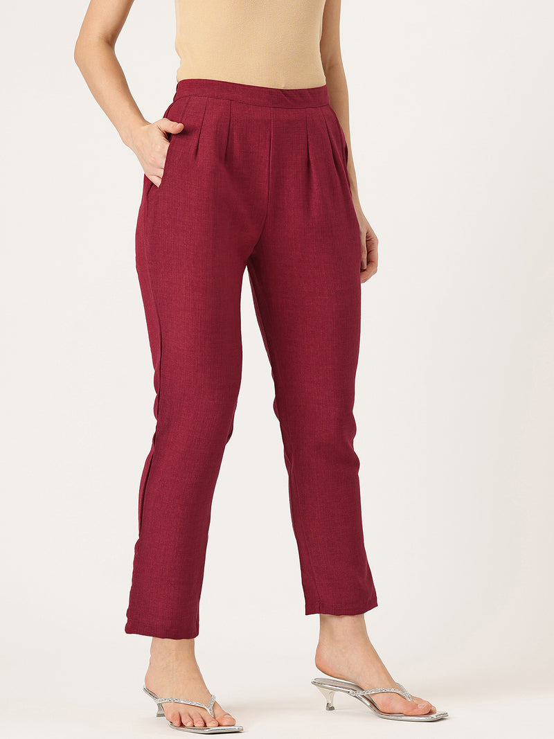 Maroon Linen Trouser - Ankle-Length Pant , Partially Elasticated ,Double Pockets