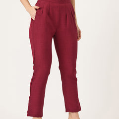 Maroon Linen Trouser - Ankle-Length Pant , Partially Elasticated ,Double Pockets