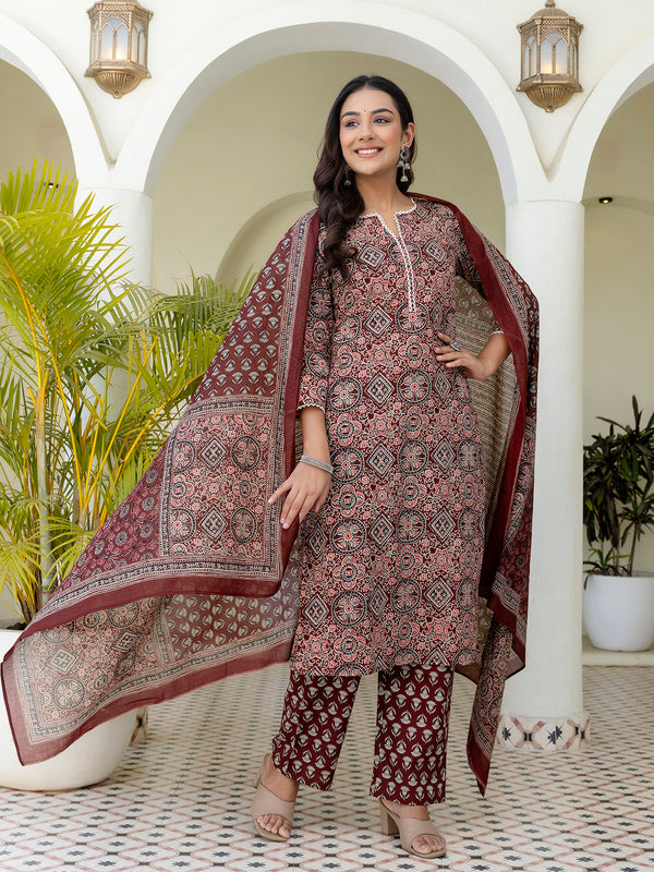 Printed Cotton Lace-Detail Kurta Set with Ankle-Length Pants and Graceful Dupatta