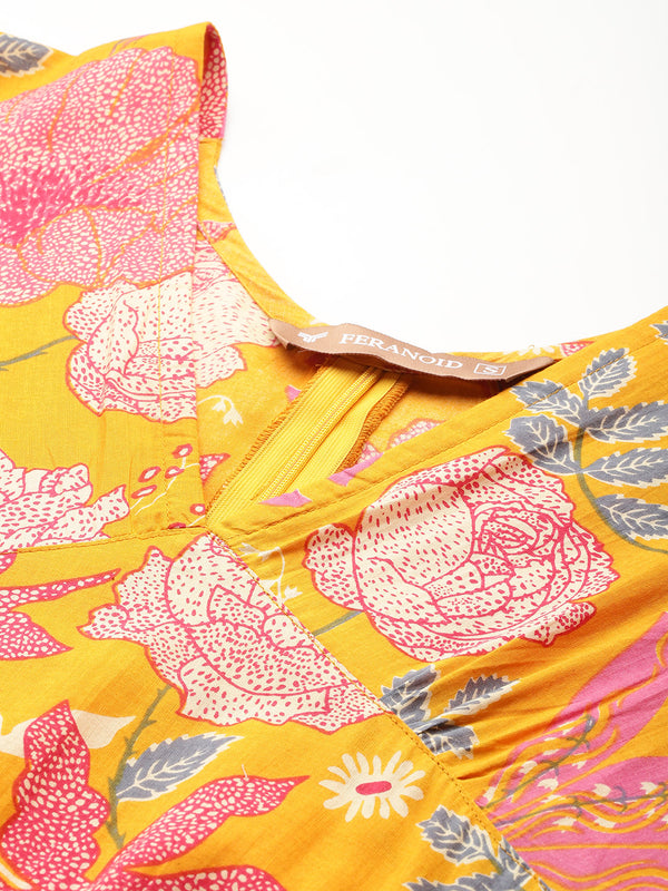 Women's Pure Cotton Floral Printed A-Line Gown with 3/4 Puff Sleeves & V-Neck