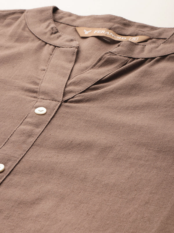 Women’s Solid Long Kurti with Mandarin Collar, 3/4 Sleeves & Pocket | Plain Elegant Cotton Kurta for Daily & Office Wear