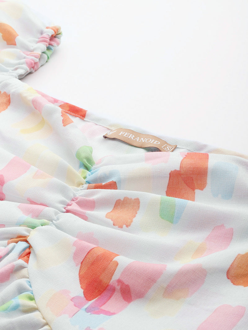 Cropped v-neck peplum puff sleeved top with digital print on linen fabric.