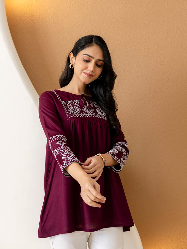 Solid Hip Length Embrioded 3/4 Sleeves Kurti
