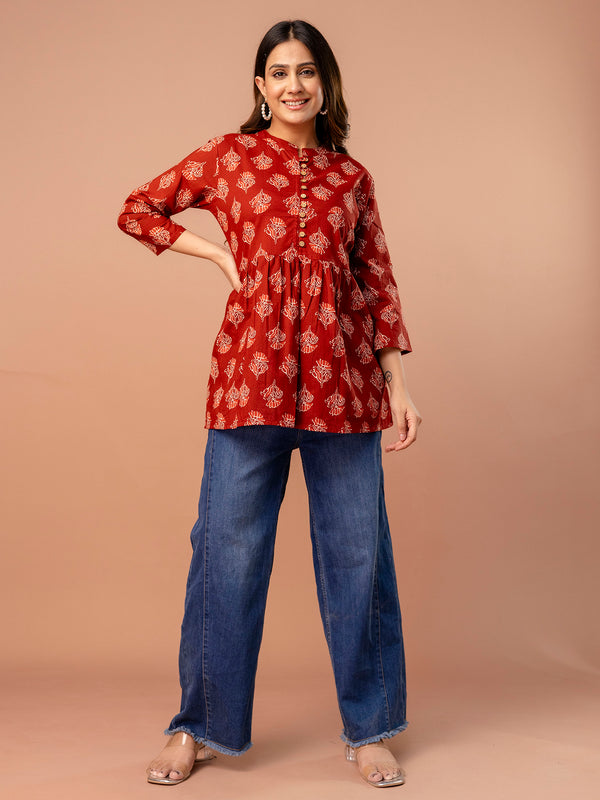 Top – Mandarin Collar, 3/4 Sleeves, Flattering Fit (Sizes S–XXL)