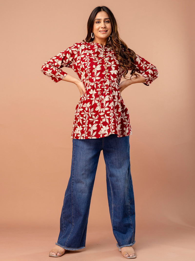 Top – Mandarin Collar, 3/4 Sleeves, Flattering Fit (Sizes S–XXL)