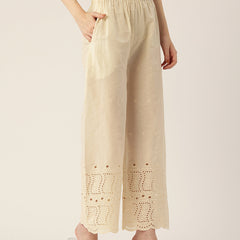 Beige Palazzos | Embroidered Elegnace With Elastic Waist & Single Pocket