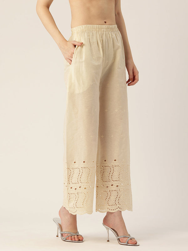 Beige Palazzos | Embroidered Elegnace With Elastic Waist & Single Pocket