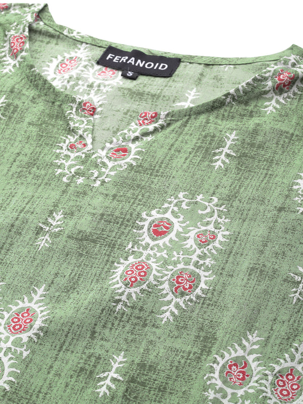 Green Printed Cotton Night Suit with V-Neck Kurti & Ankle-Length Pants