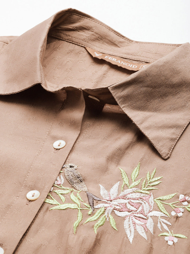 Beige Women's Embroidered Co-ord Set - Viscose Fabric Sleeveless Shirt and Pant