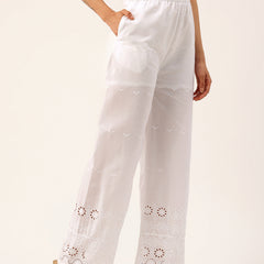 White Embroidered Palazzos–Fully Lined, Elastic Waist & Ankle-Length with Side Pocket