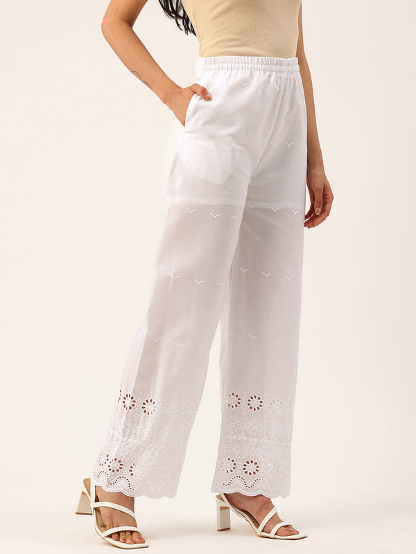 White Embroidered Palazzos–Fully Lined, Elastic Waist & Ankle-Length with Side Pocket