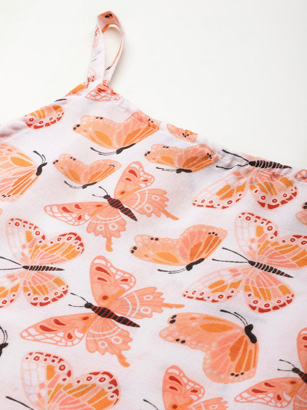 Cropped Sleeveless strap Peplum top with digital print on linen fabric.| Size- Small| Colour - White, Peach