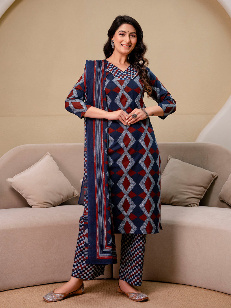 Bordered V-Neck 3-Piece Kurta Set with Ankle-Length Pants & Full-Length Dupatta (M–XXL)